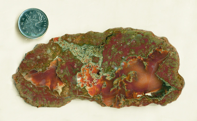 Red and green matrix and star-shaped chalcedony in a Thunderegg slab from Arizona.