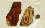 2 slabs of Rhyolite from Oregon, patterned with warm colors of brown, on a background of creamy shades.