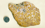 Slab of Calico Lace Agate from Mexico, with yellow moss patterns in a pink medium, which in turn is in a clear medium.