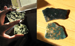 Floating green web inclusions in 2 clear slabs of Green Moss Agate from India.