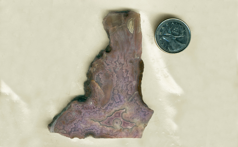 Strong purple lace and fortification patterns in a slab of Royal Aztec Agate from Mexico!