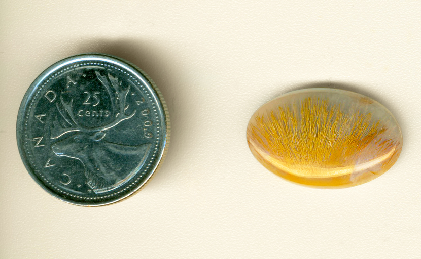 Calibrated polished Nipomo Sagenite cabochon, with a fan shape of golden-orange needles in bluish chalcedony.