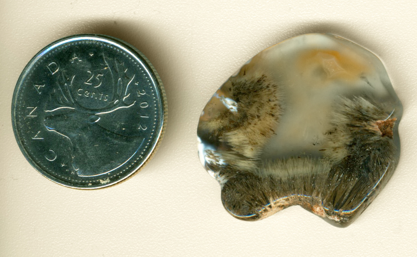 Clear Laguna Agate from Mexico with three fans of fine sagenitic needles and an orange fortification pattern.