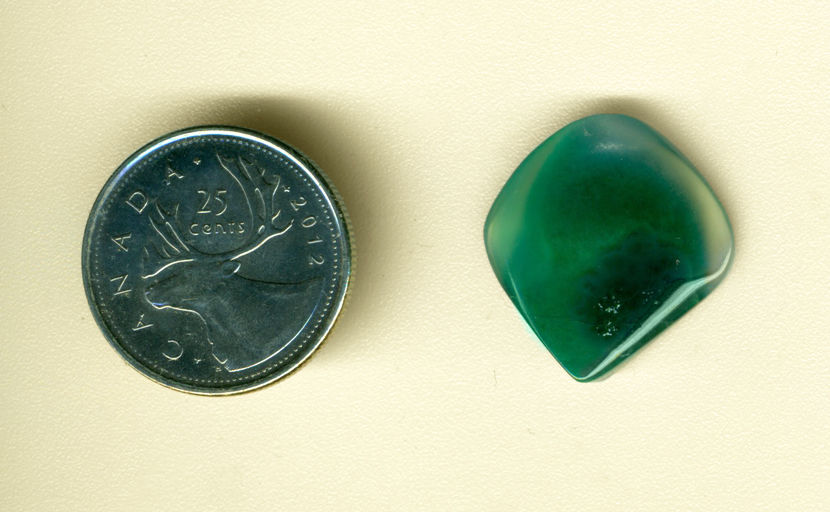 Bright blue-green shape floating in clear gem silica, a Malachite Crystal in Gem Silica from Globe Co., Arizona.