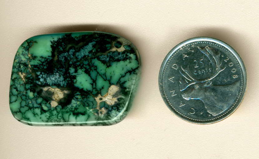 Black spiderwebs across a creamy green background in a freeform Spiderweb Variscite from Utah.