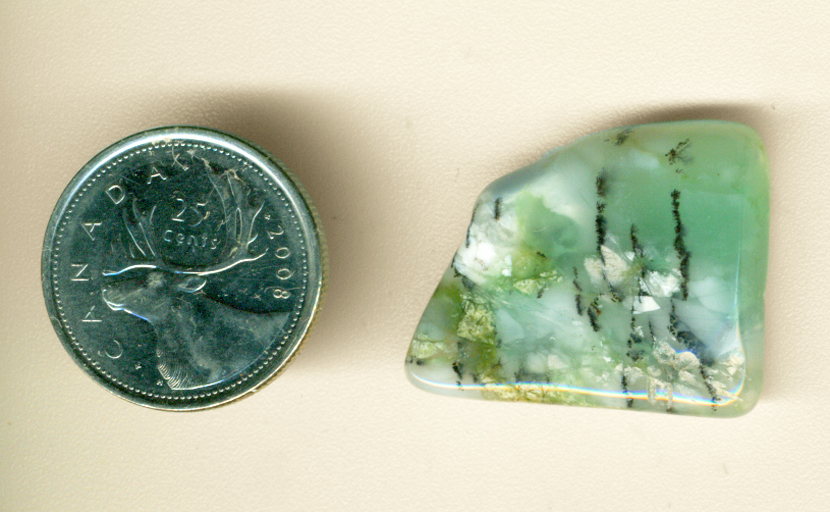 Cool green freeform polished Chrysoprase from Australia, with black dendrites.