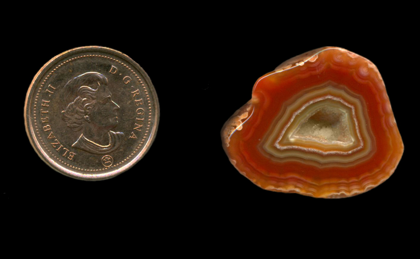 Freeform polished Fortification Agate from Mexico, with orange, yellow and green layers and a crimped white pattern at the outer edge, as well as a central pocket, or vug, of sparkling druzy quartz crystals.