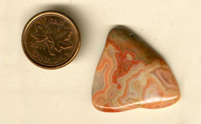 Freeform polished Fairburn Agate cabochon from Nebraska or South Dakota, with swirling orange and yellow colors, with darker networks of stronger orange laced through it.