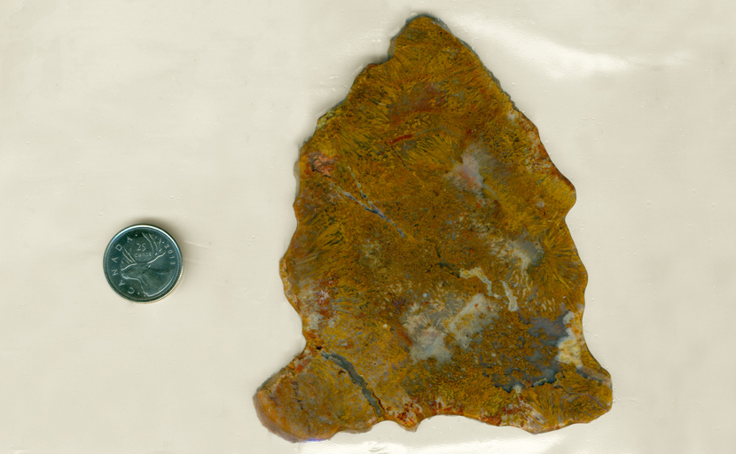 Slab of Sagenite agate from Mexico, arrowhead-shaped, red, white, and yellow, full of needle inclusions in all shapes and forms.