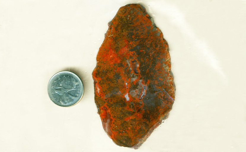 Orange, red and white storms across a gray surface in a slab of Agate Pseudomorph After Barite.