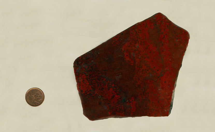 A slab of chalcedony, or flint, with bright red patches and spots overlaid on a dark dark red background.