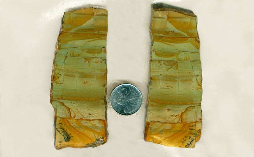 2 slabs of Succor Creek landscape jasper from Oregon, with orange and yellow on a blue-green background. 