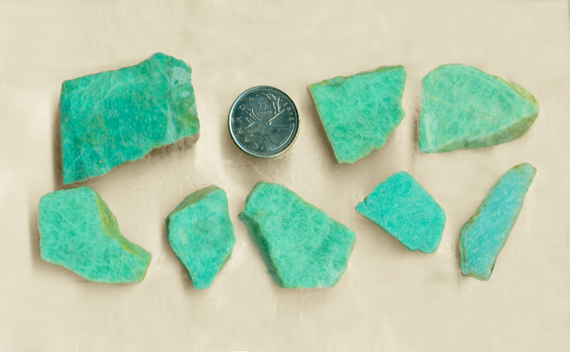 8 slabs of cool blue-green Amazonite from Amelia Courthouse, Virginia.