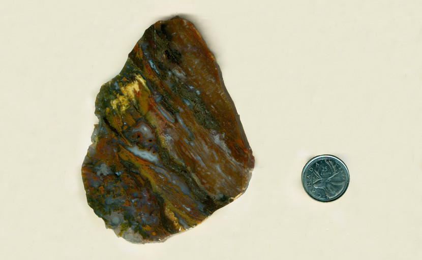 A slab of Santa Gertrudas Moss Agate from Mexico, with red, yellow and brown streamers on a blue background, along with little moss patterns of the same colors.