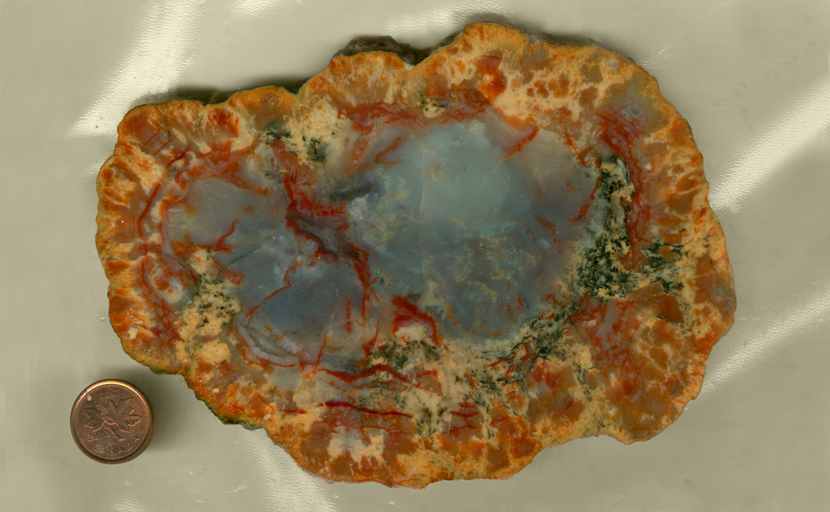 A slab of Cisco Agate from Mexico, with a blue center surrounded by orange and yellow, streaked with blood red.