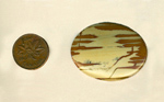 Calibrated polished Owyhee Picture Jasper cabochon from Idaho, with reddish-brown finger patterns extending into a yellow center.