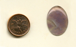 Calibrated, polished oval Royal Aztec Agate cabochon from Mexico, with rich purple moss and fortifications against a translucent background.