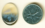 Blue-covered needle inclusions growing in a clear cabochon of Nipomo Sagenite Agate from California.