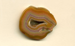 A polished freeform Coyamito Agate from Mexico, with a fortification pattern that includes layers of purple, green, yellow, orange and red, with a druzy crystal vug in the center.