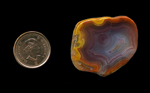 A freeform polished Fortification Agate from Mexico, with a rim of bright yellow around the outer edge, followed by orange, then purple and blue toward the center, all strong and bright.