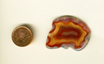 Freeform Mexican Laguna Agate, with a strong red and orange fortification pattern, a dark center and a bluish exterior.