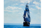 A painting of the tall ship, The Bounty, sailing out of the blue distance with full sail, done in the Dutch Method.