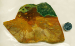 A slab of Ochoco Jasper from Oregon, with a pattern of bright green along the top, overhanging a wall of orange, which is patterned with darker colors, like water stains.