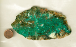 A slab of Chrysocolla from Arizona, with bluish-green web-like patterns in brown, red and white rock.